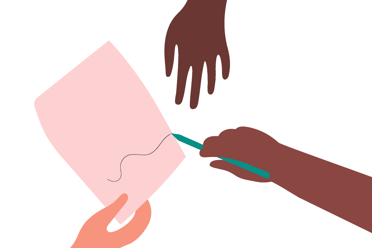 Illustration av tre händer, en checklist och en penna.