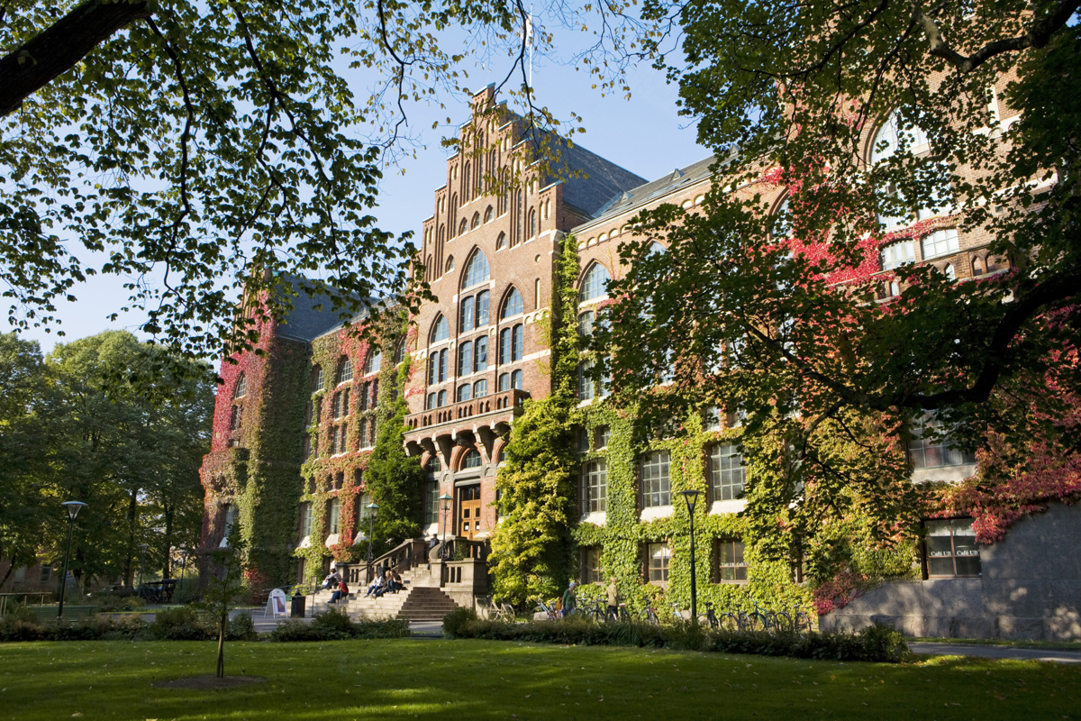 Universitetsbiblioteket är en gammal tegelbyggnad klädd i vildvin med höstfärger