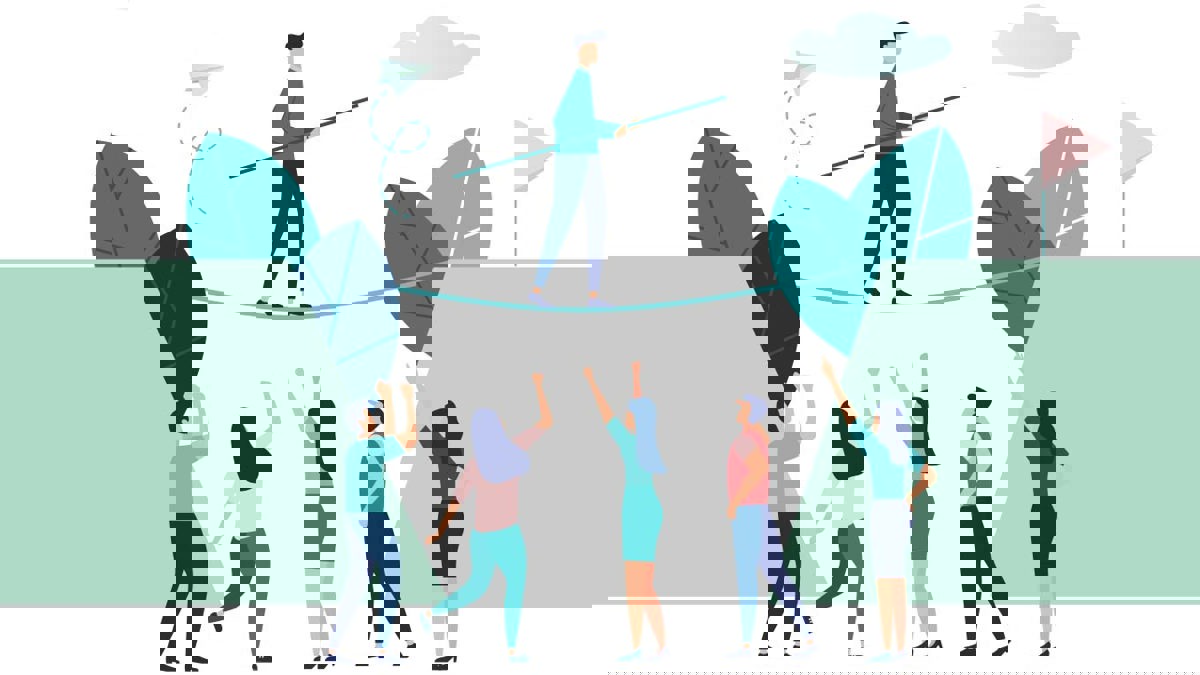 Illustration av fem personer som hejar på en person som går på lina.