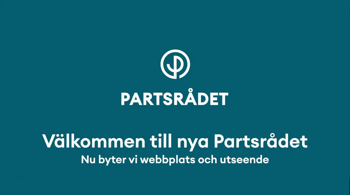 Partsrådets nya logotyp mot en tealfärgad bakgrund och texten Välkommen till nya Partsrådet.
