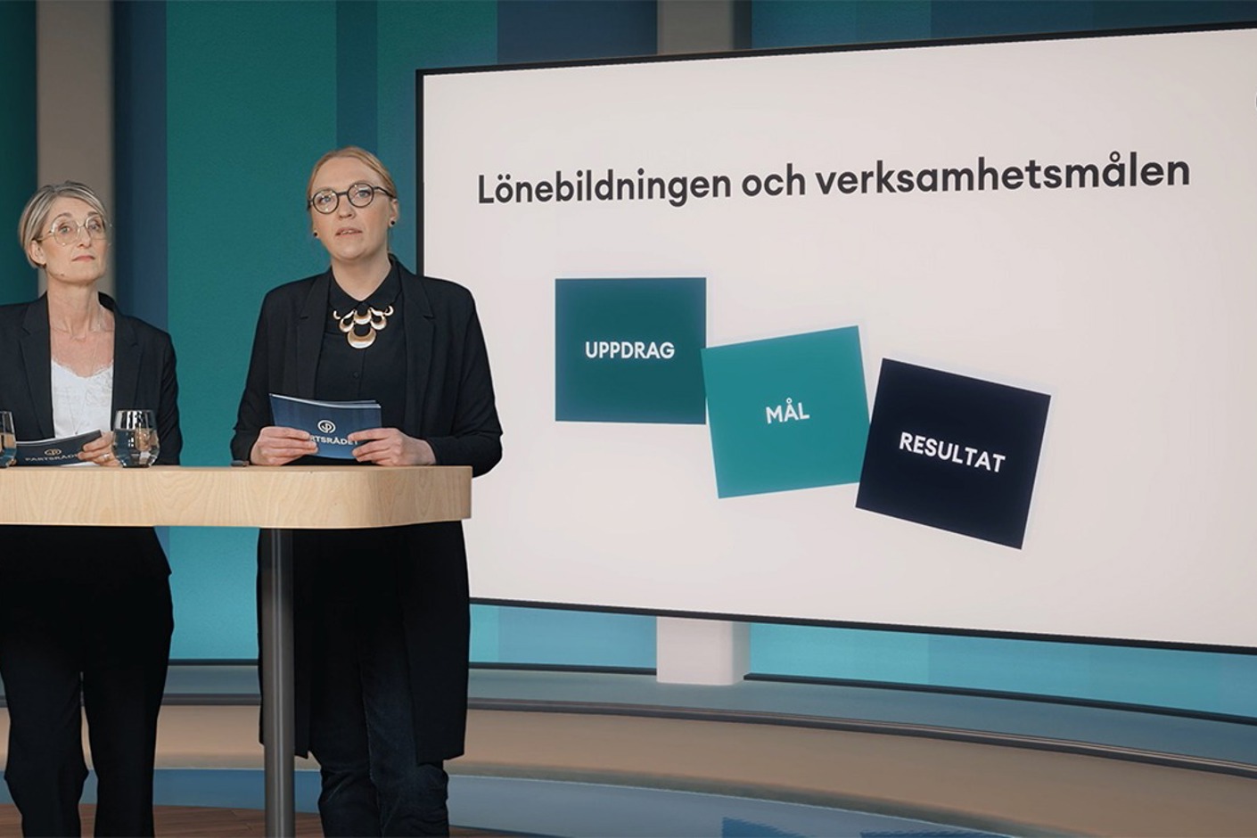Två personer med kvinnliga attribut i studiomiljö. De står framför en presentation med texten Lönebildningen och verksamhetsmålen.