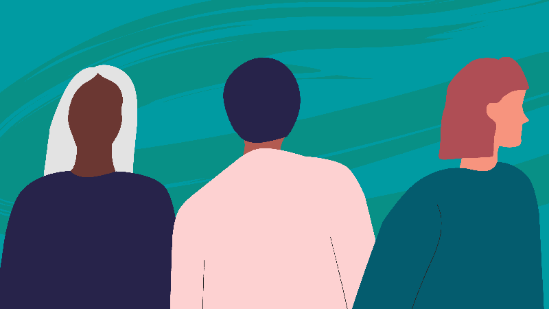 Illustration av tre personer som alla står vända åt varsitt håll.