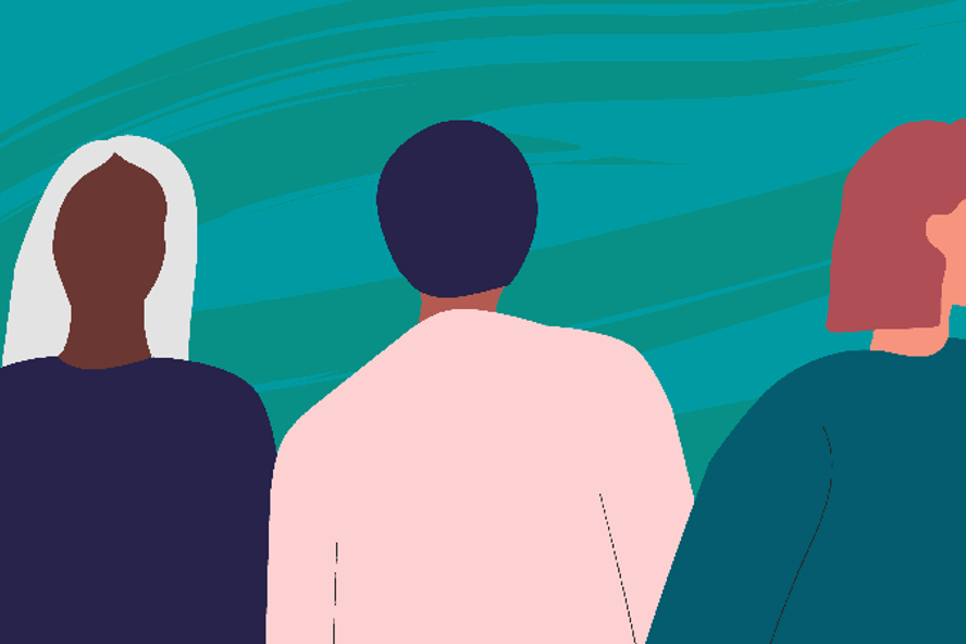 Illustration av tre personer som alla står vända åt varsitt håll.