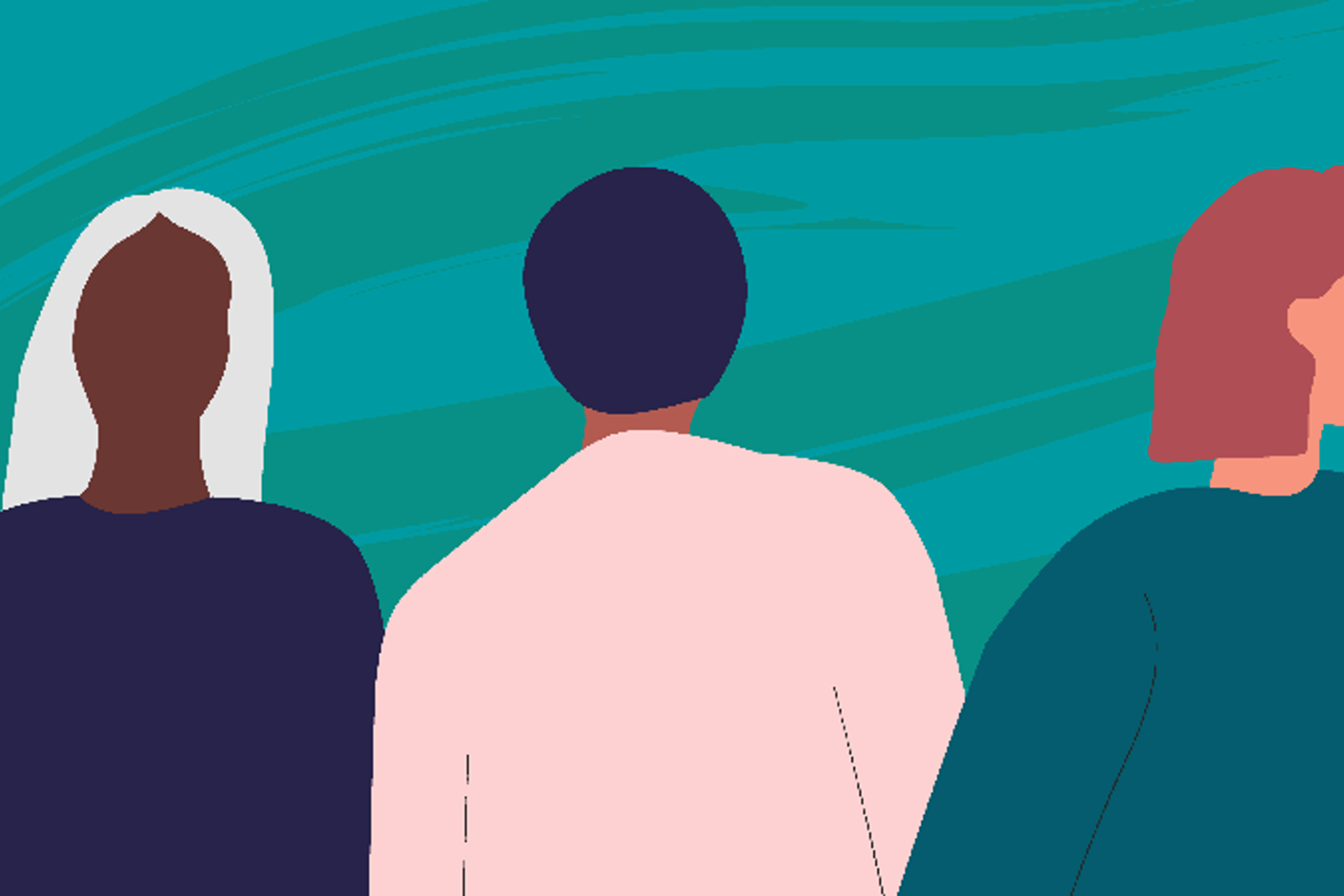 Illustration av tre personer som alla står vända åt varsitt håll.