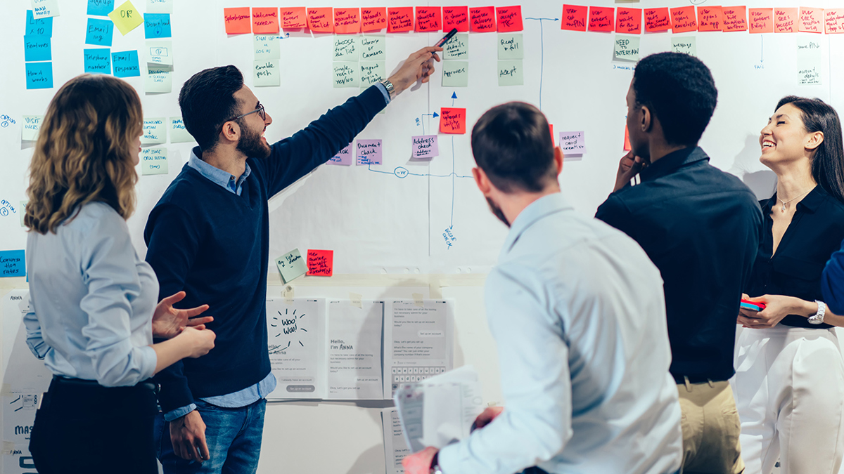 Fem engagerade personer som står framför en vit tavla fylld med skrivna post-it-lappar. En person pekar glatt mot en av post-it-lapparna.