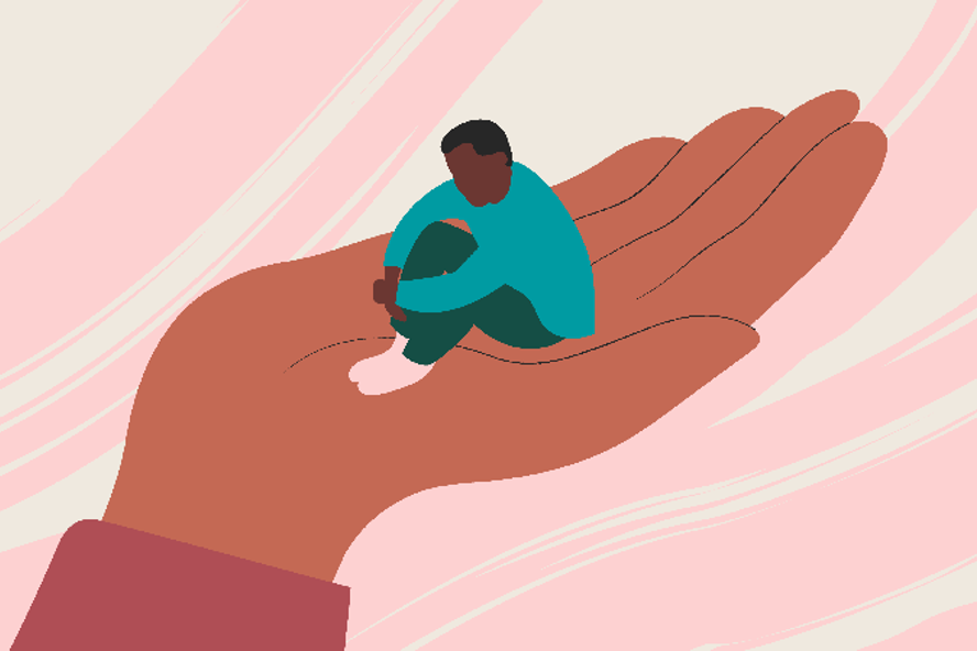 Abstrakt illustration av en person som sitter i en stor människohand.