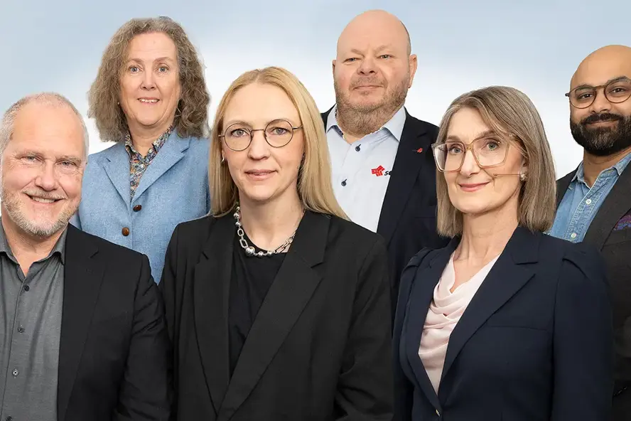 Styrgruppen för Lönebildning. Från vänster Anders Stålsby, Anna Westling, Sanna Feldell, Fredrik Bäckström, Åsa Pyka och Omar Bellini