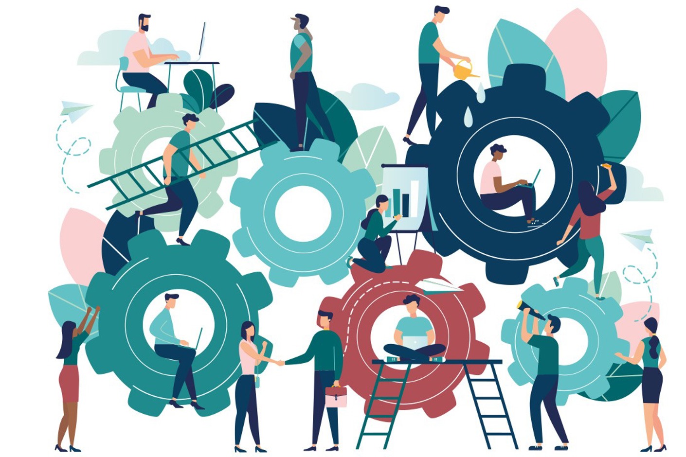 Abstrakt illustration av människor, kugghjul, stegar och löv.