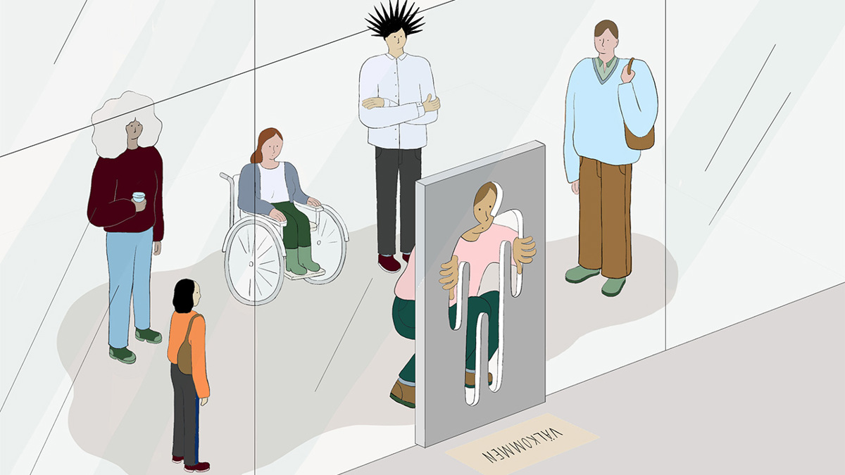 Abstrakt illustrationer av personer som inte kan passera genom en dörr eftersom den inte är anpassad efter hur deras kroppsstorlek eller släpper in en rullstol.