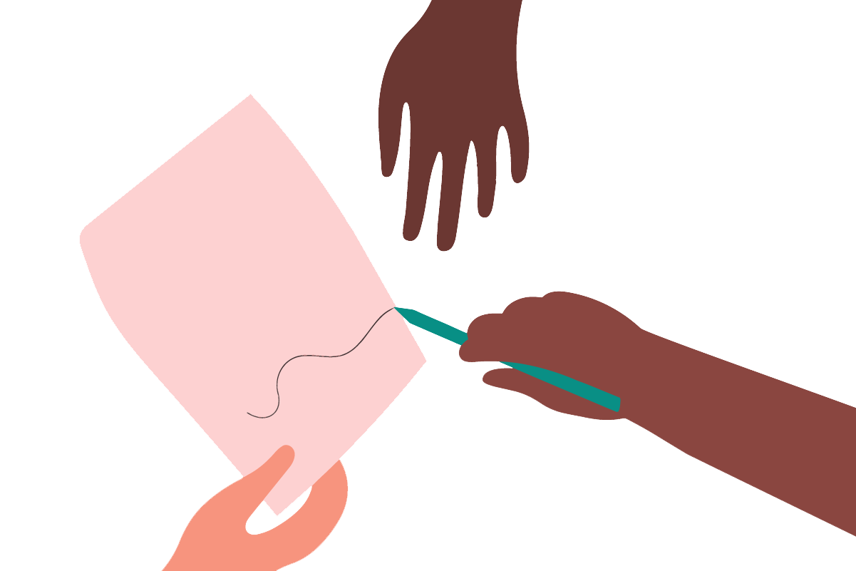 Illustration av tre händer, en checklist och en penna.