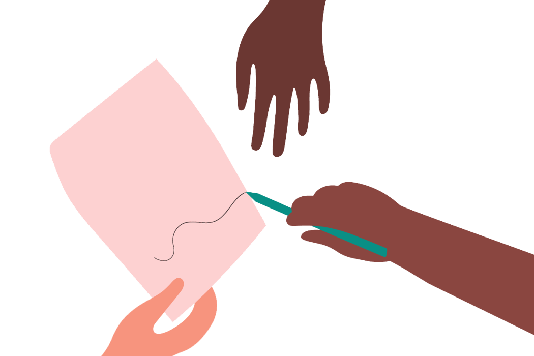 Illustration av tre händer, en checklist och en penna.