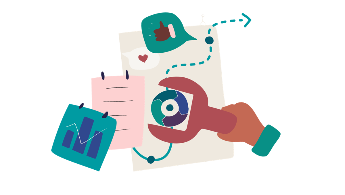 illustration av hand med skiftnyckel, SAM-hjul, pratbubbla med hjärta, checklista, pratbubbla med tumme upp