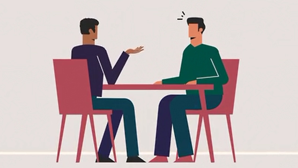 Illustration av två personer som samtalar, varav en ser ut att vara upprörd.