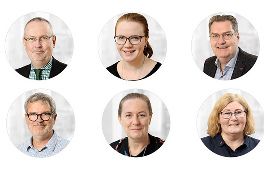 Styrgruppen för Partsrådets arbetsområde Arbetsmiljö. Övre raden från vänster: Anders Lindström, Karin Åslund, Anders Kjällman. Nedre raden från vänster: Erik Hallsenius, Helené Zallin, Tarja Nevala.