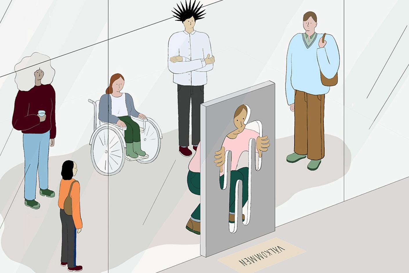Abstrakt illustrationer av personer som inte kan passera genom en dörr eftersom den inte är anpassad efter hur deras kroppsstorlek eller släpper in en rullstol.